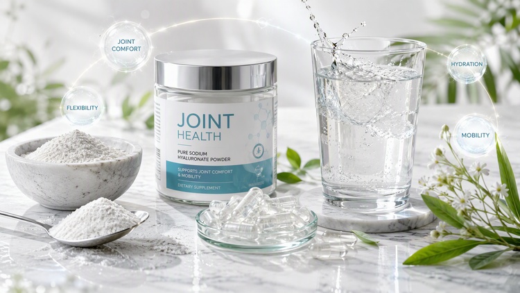Sodium hyaluronate joint supplement powder with capsules and a glass of water