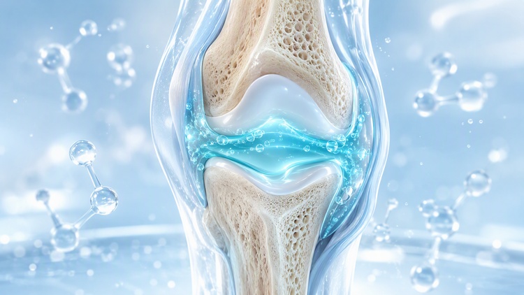 Illustration of a knee joint with hyaluronic acid-rich synovial fluid