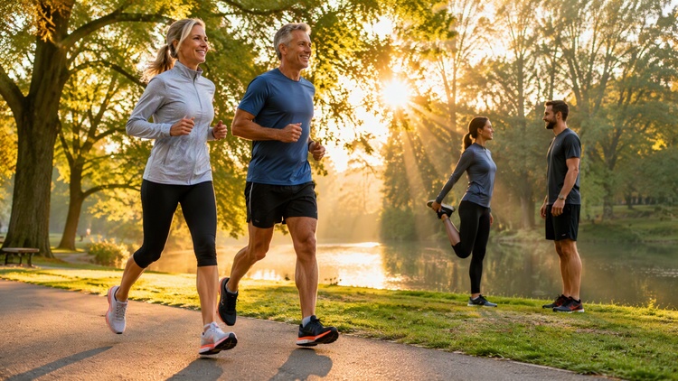 Active adults jogging and stretching outdoors to support joint mobility