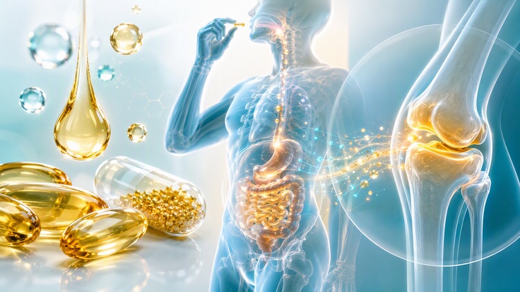 Illustration of oral joint supplements, digestion, and knee joint support