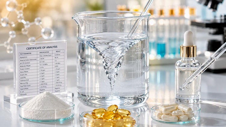 Sodium hyaluronate powder, capsules, softgels, and a liquid formulation shown for supplement applications
