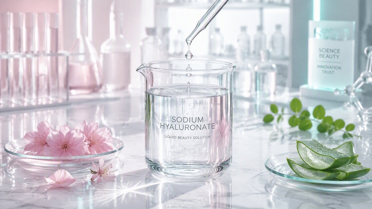 Laboratory beaker testing sodium hyaluronate liquid formulation compatibility and clarity