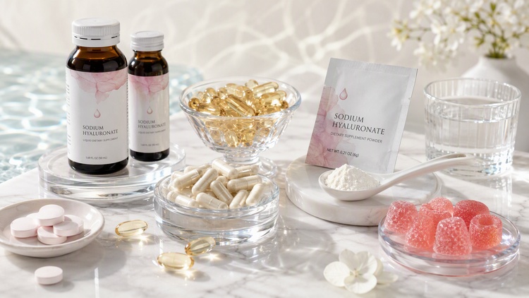 Sodium hyaluronate supplement formulations in capsules, tablets, powder sachets, liquid bottles, and gummies
