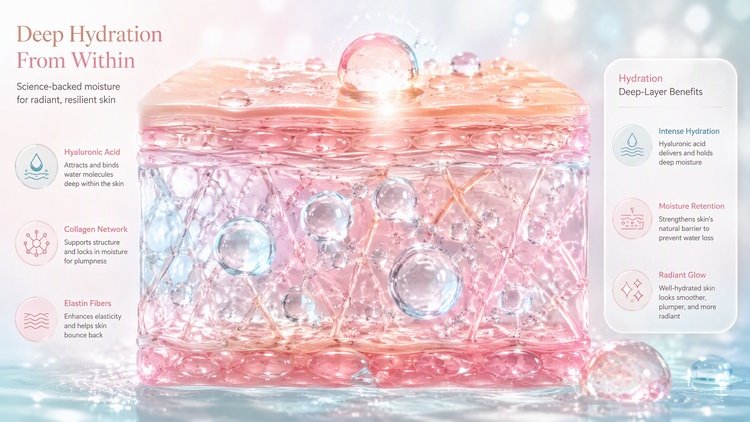 Illustration of deep skin hydration from within with hyaluronic acid, collagen, and elastin fibers