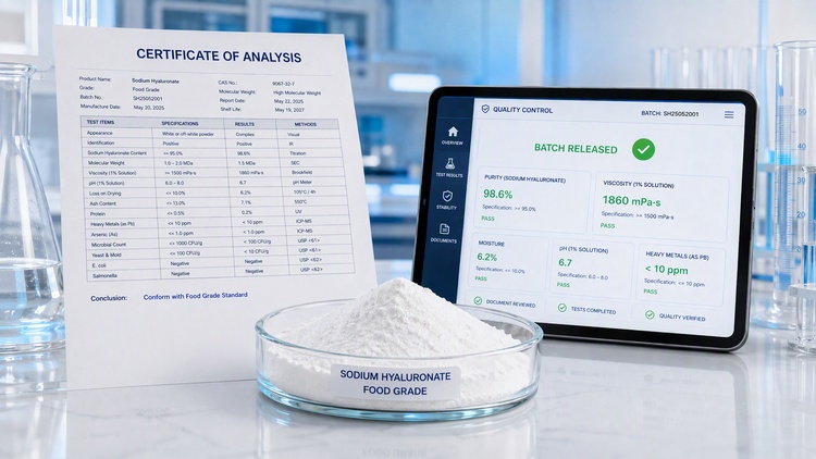 Food-grade sodium hyaluronate powder with a certificate of analysis and digital batch quality control records