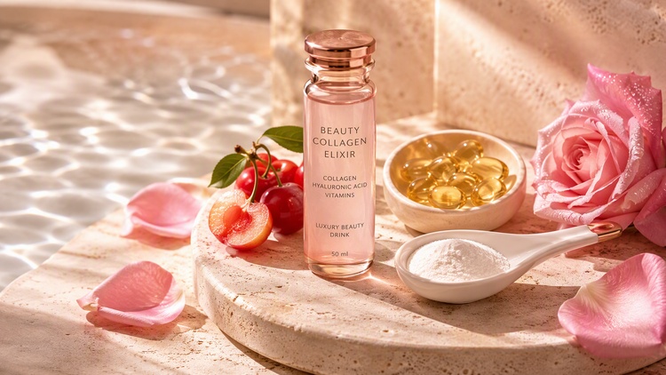Beauty collagen drink with sodium hyaluronate powder, capsules, and softgel supplements