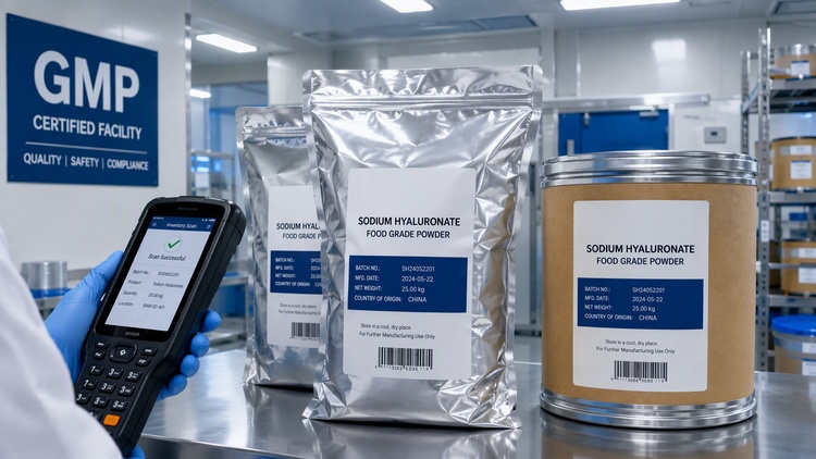Food-grade sodium hyaluronate powder in sealed packaging inside a GMP-certified production facility